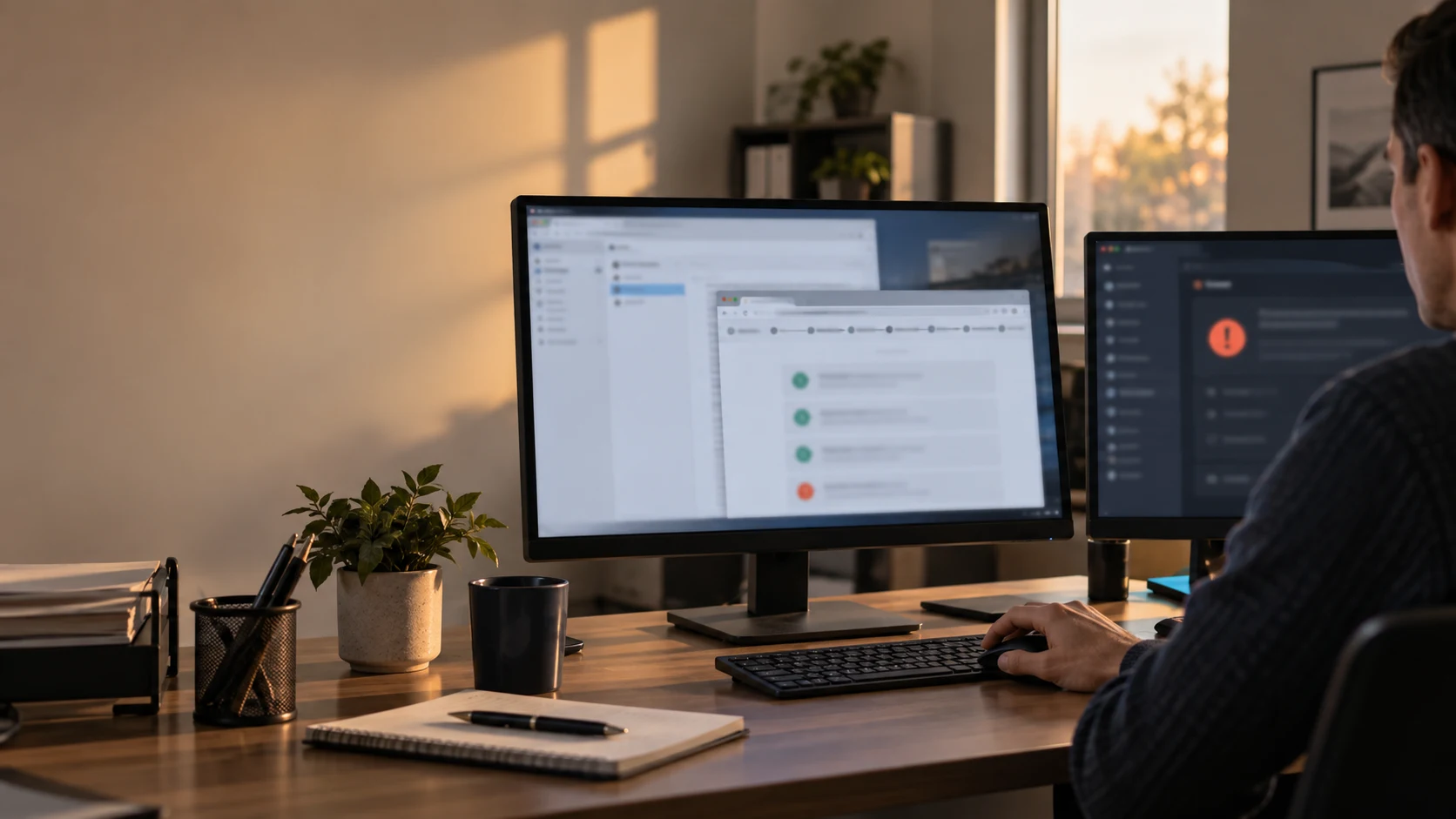 Professional checking a redirect chain in an office after a security alert