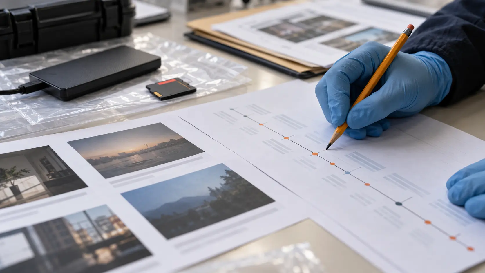 Une analyste examine une chronologie et des captures d’écran dans un dossier d’enquête numérique
