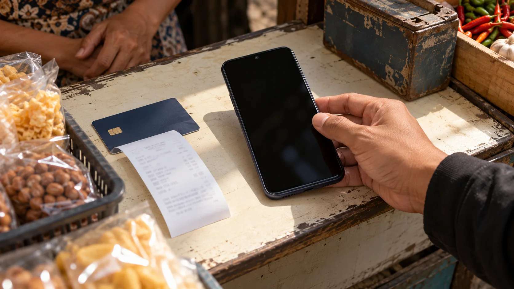An Android phone is inspected on a counter beside a bank card