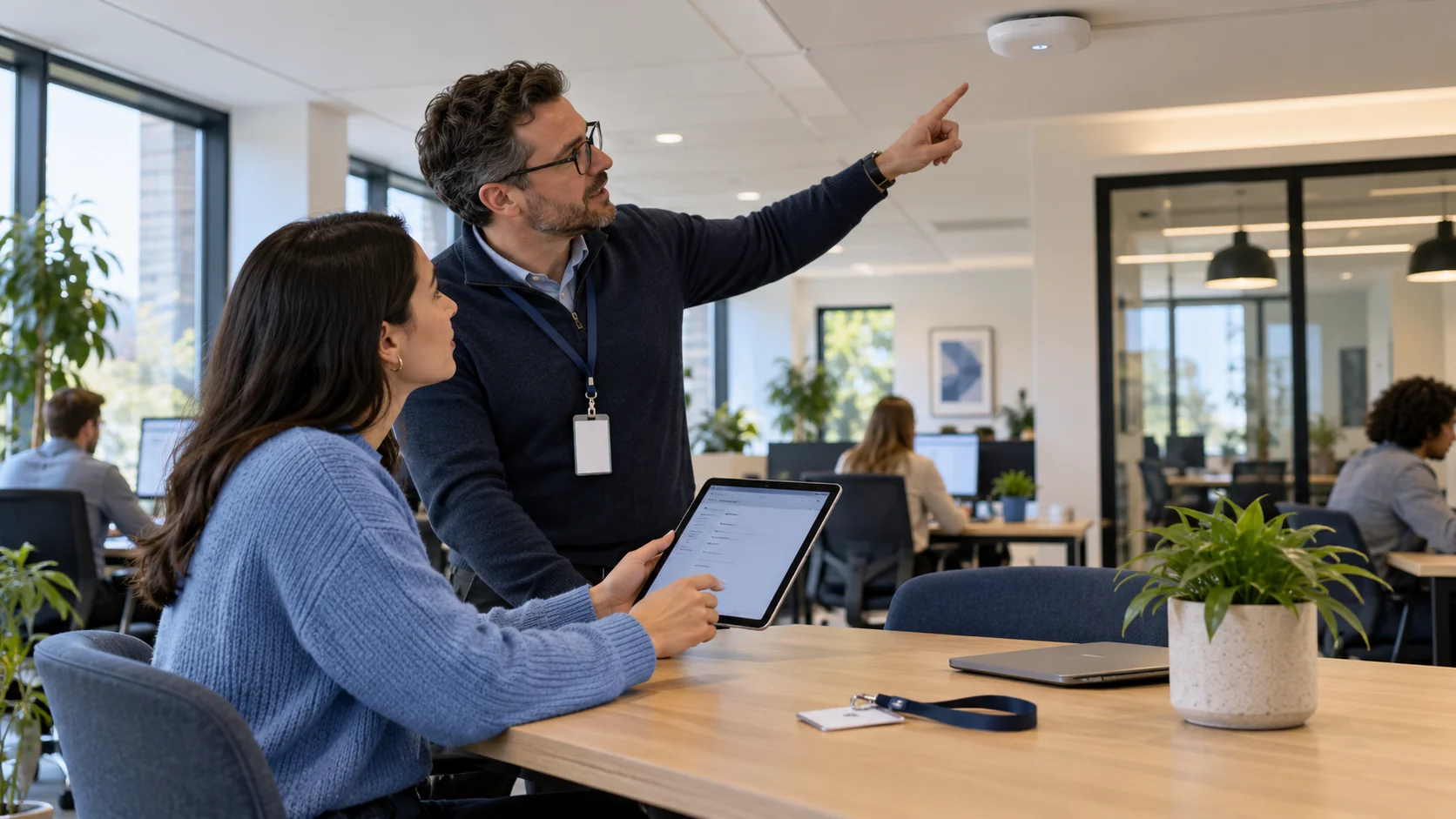 An IT support colleague helps onboard a tablet to office Wi-Fi