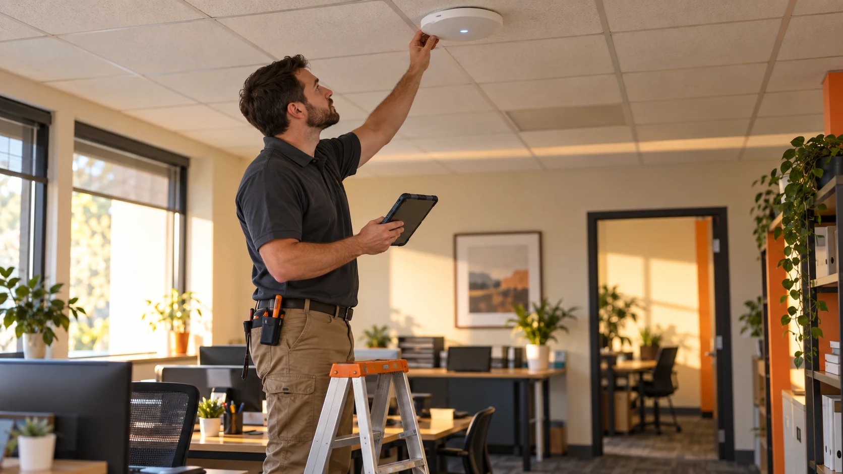 A technician checks a wireless access point in a small office