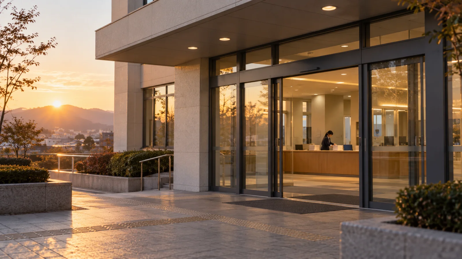 Un employé travaille à l’accueil d’un bâtiment au crépuscule