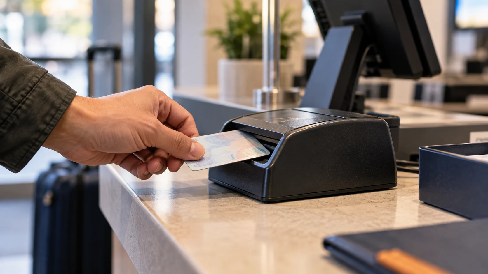 Identity card being inserted into a counter scanner