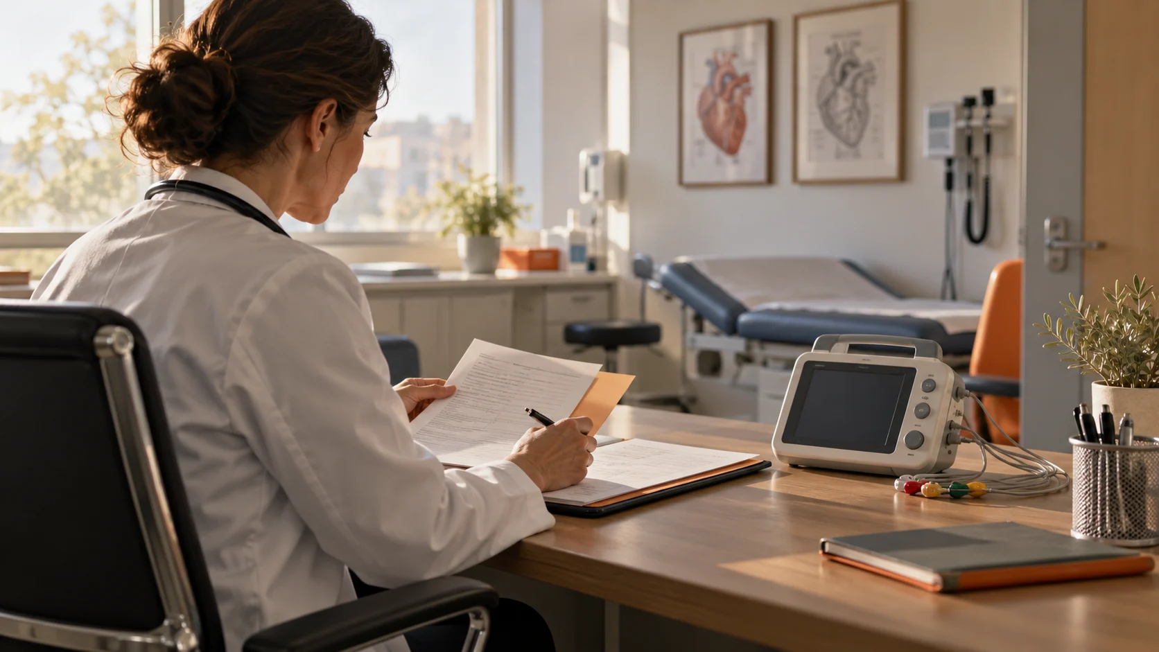 Clinicien examinant un moniteur de rythme cardiaque dans une salle de consultation