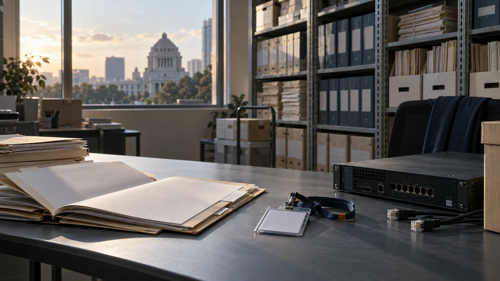 Administrative files and isolated network equipment in an archive room after a security incident