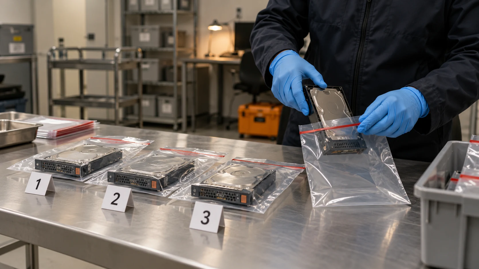 Storage drives are placed in evidence bags in an investigation room