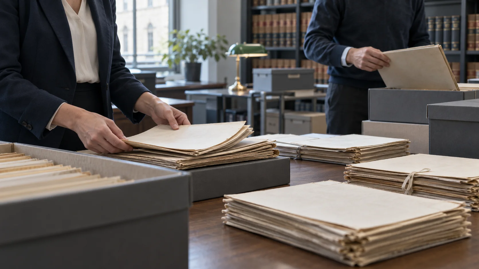 Des dossiers papier anciens sont triés dans une salle d’archives