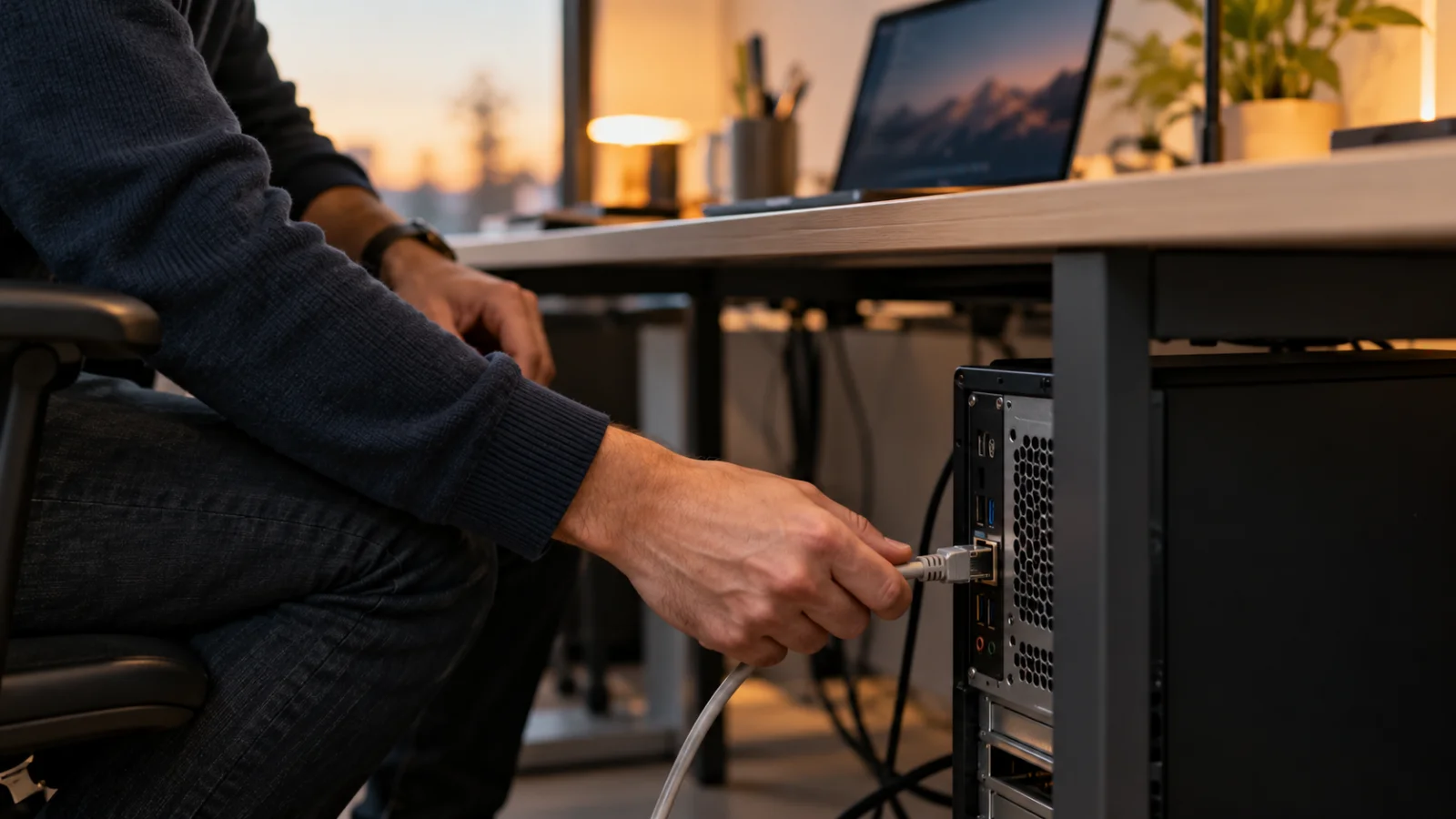 A technician disconnects the network cable from a development workstation