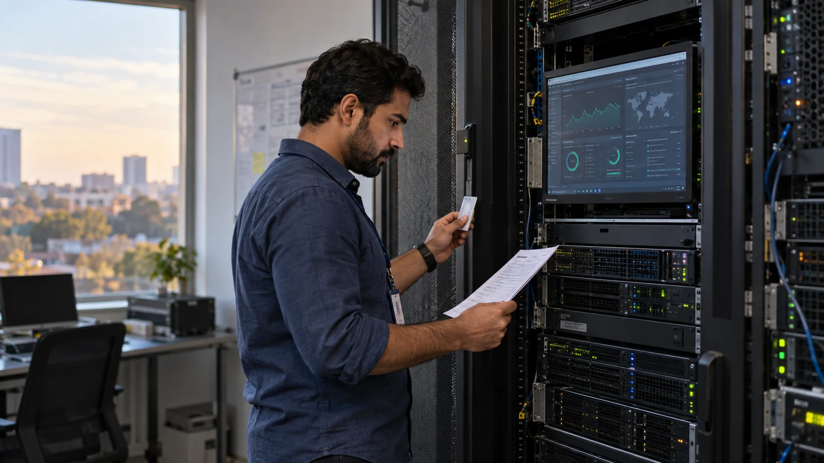 An administrator reviews a monitoring platform in a technical room