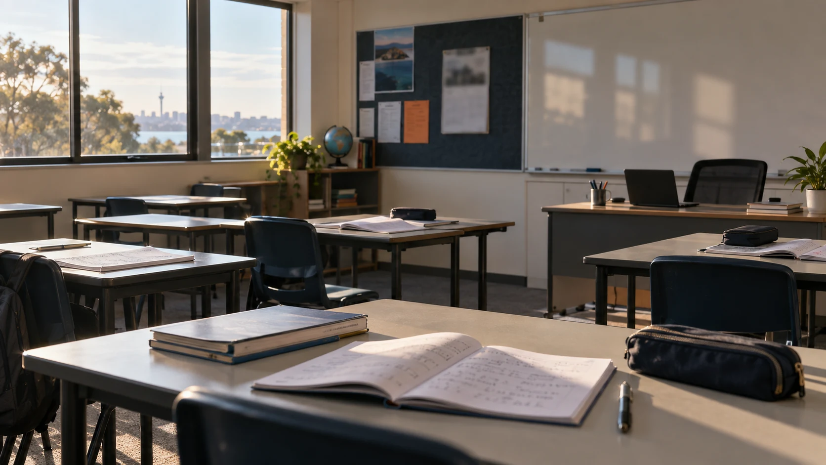 Salle de classe vide avec cahiers de mathématiques après une interruption de reporting
