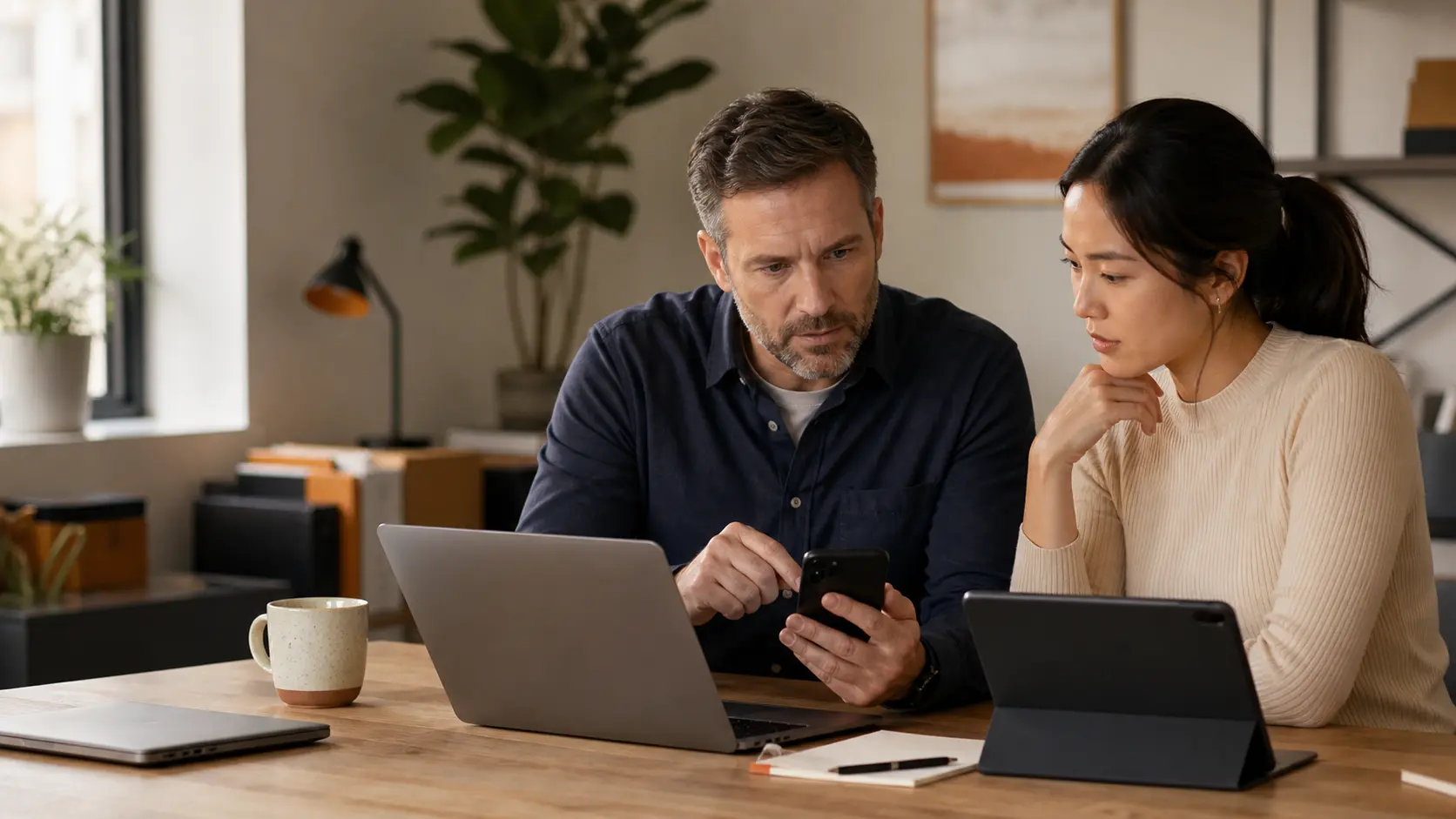 Two colleagues review small-business access on several devices