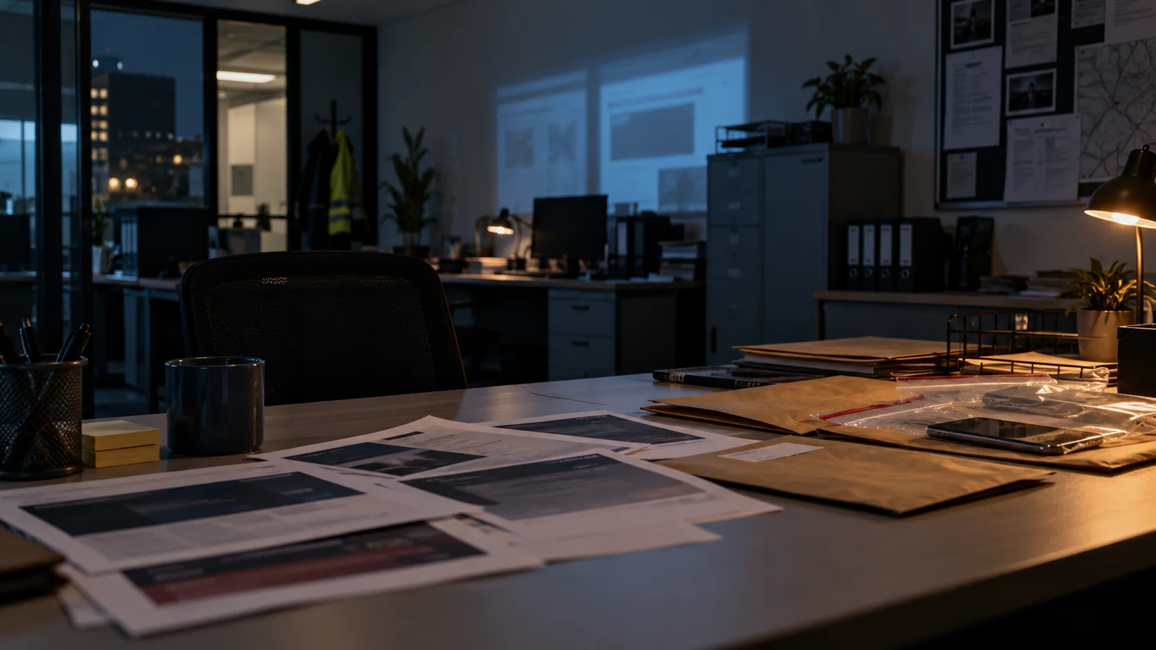 Evidence envelopes and web page printouts sit in an empty office