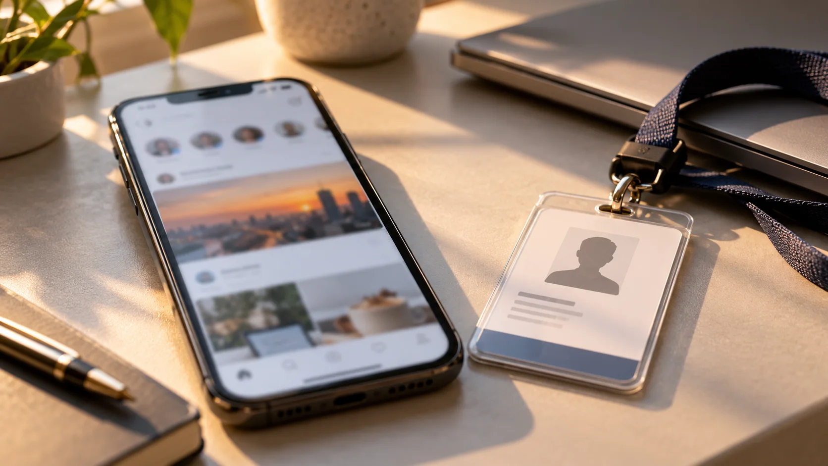 Un téléphone posé sur un bureau affiche un réseau social, sans publication lisible