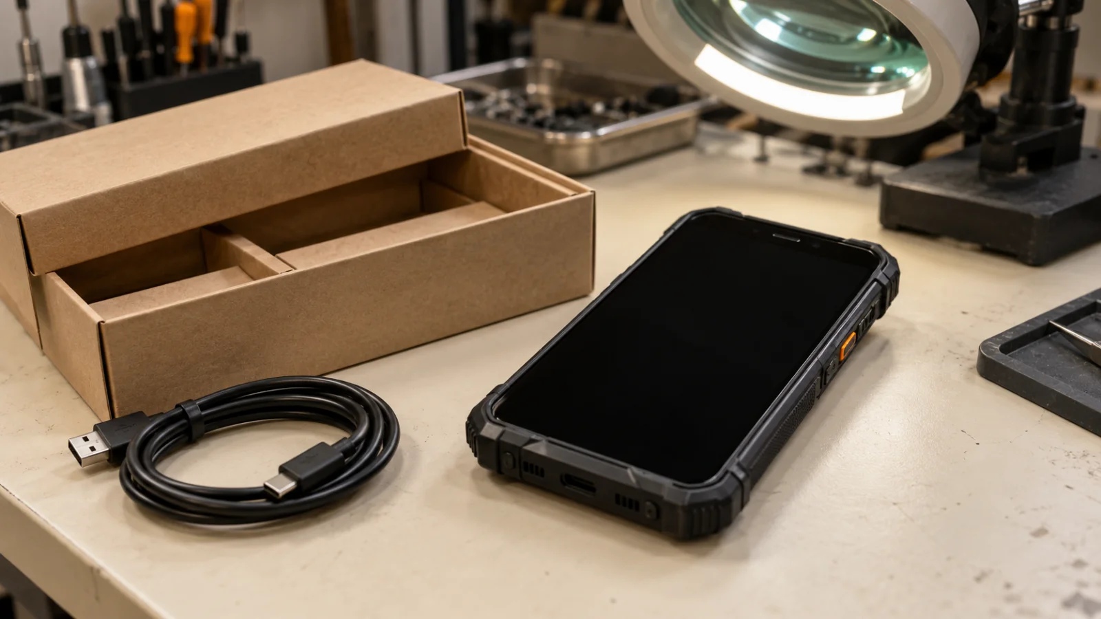 Un smartphone robuste est examiné sur un établi de réparation