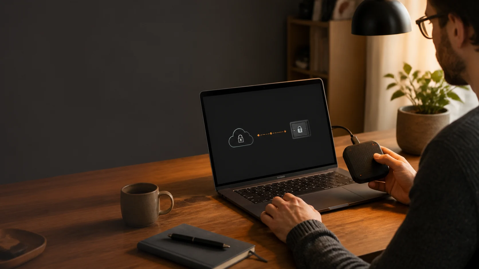 Person moving an encrypted vault from a computer to a local device