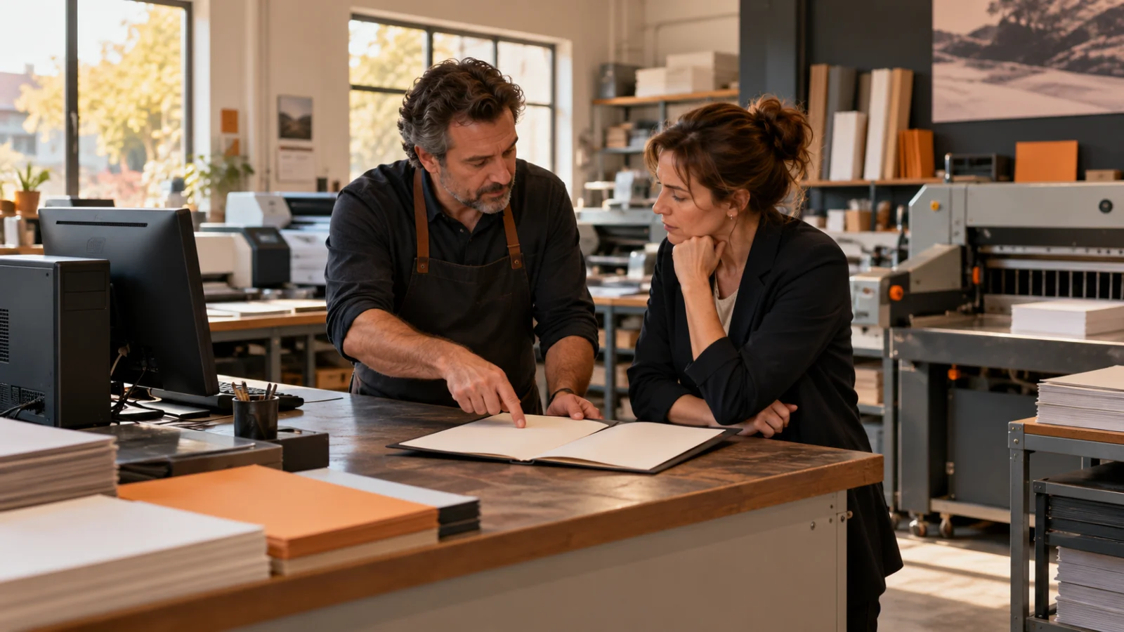 Deux personnes examinent un document dans un atelier d’impression