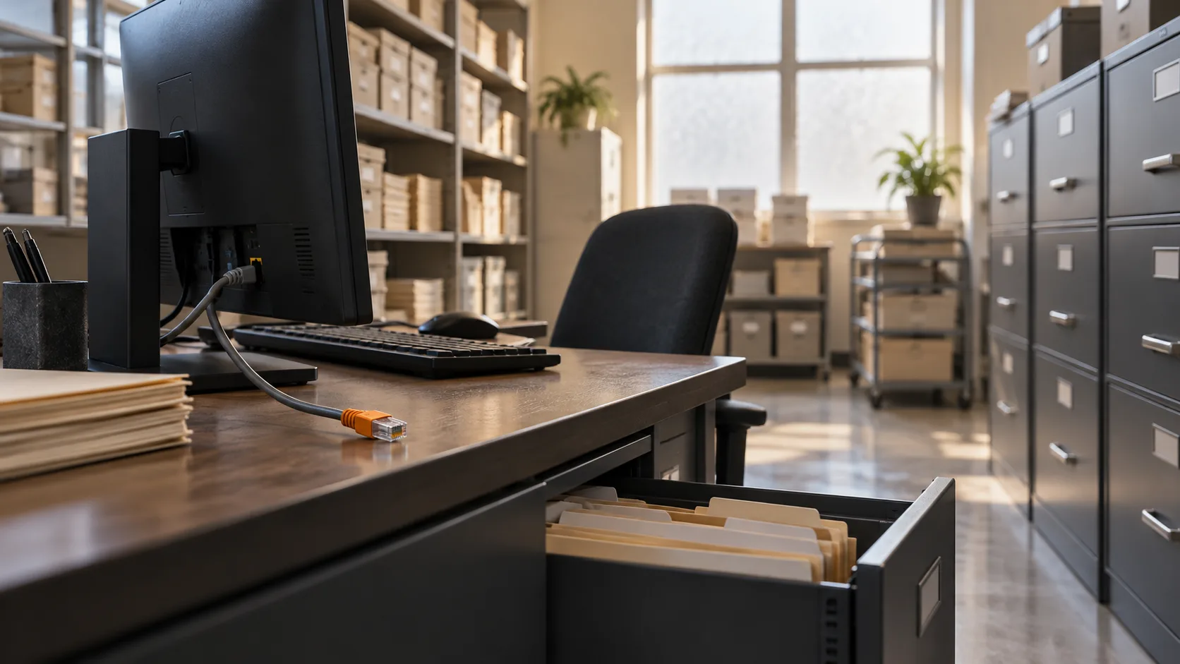 Poste de reporting déconnecté dans une salle d’archives administratives