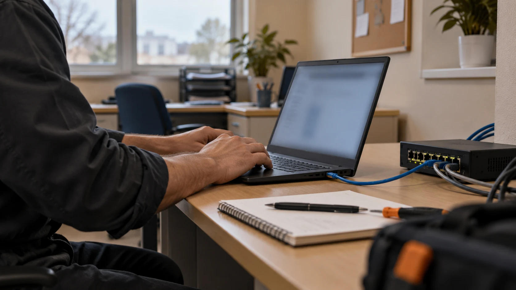 A technician works on a computer connected to a client office network