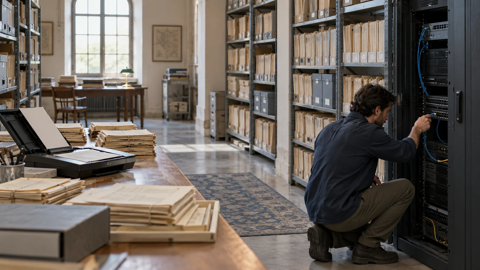 A technician isolates equipment in a records and scanning room