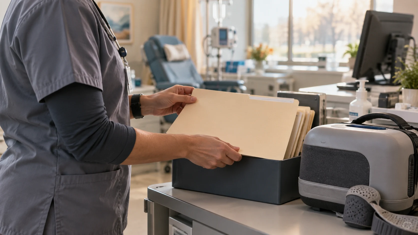 Healthcare professional checking a folder in an oncology room