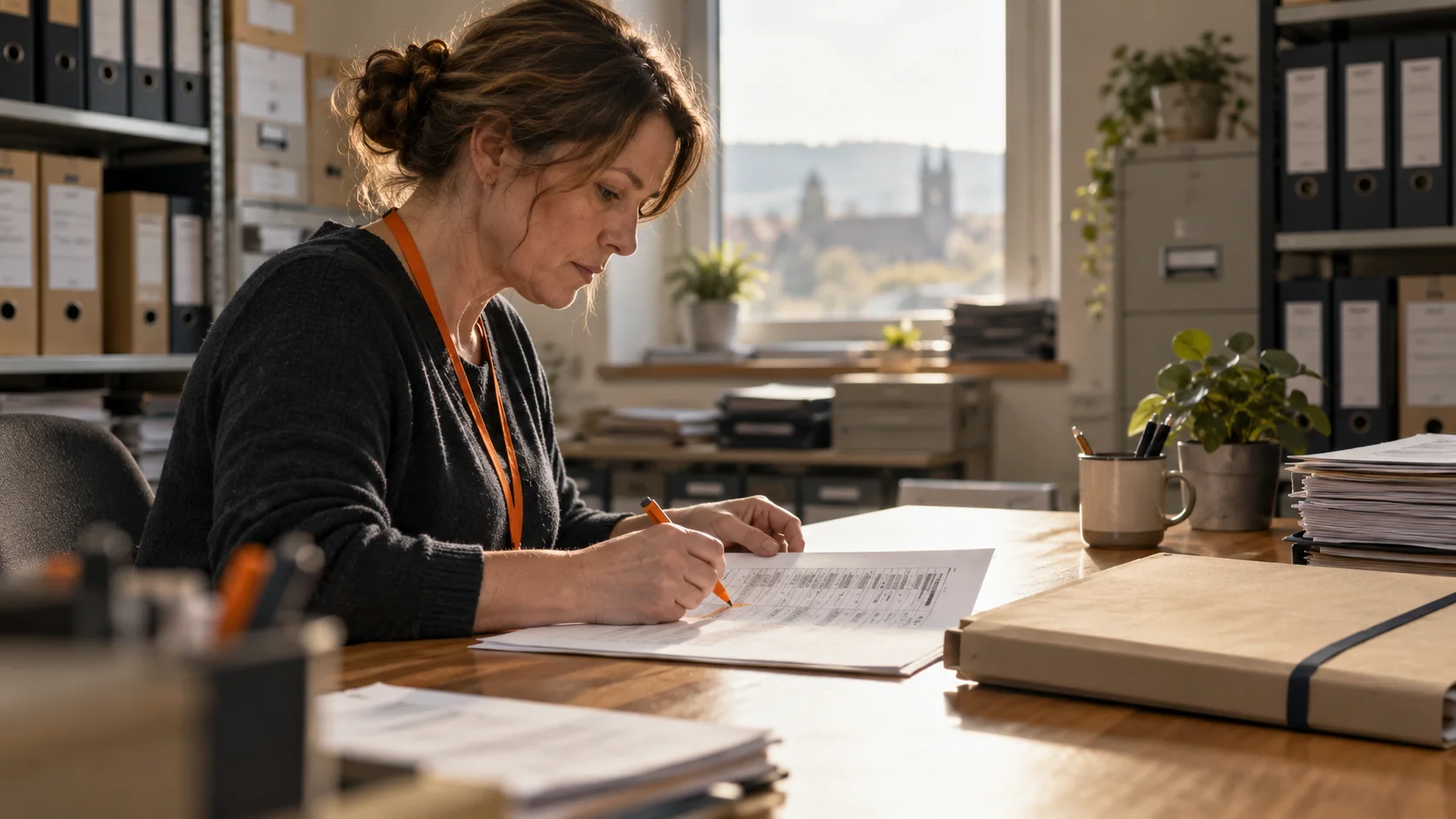 An administrator reviews an access register beside an anonymized social-services file