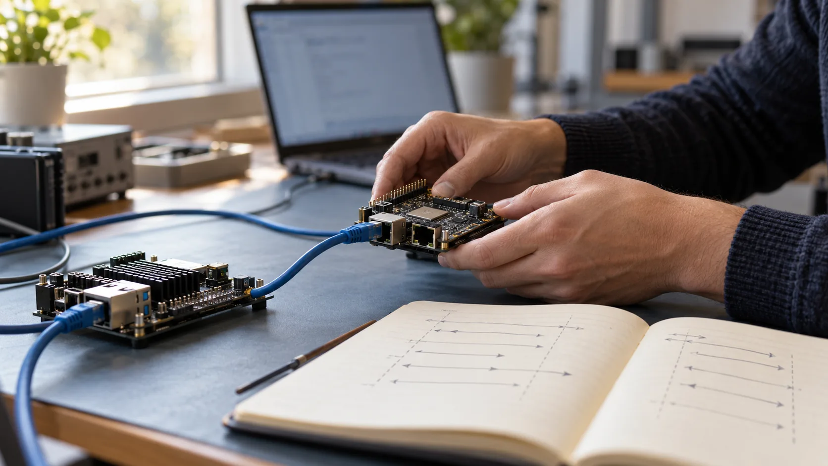 A developer checks network test equipment and protocol notes