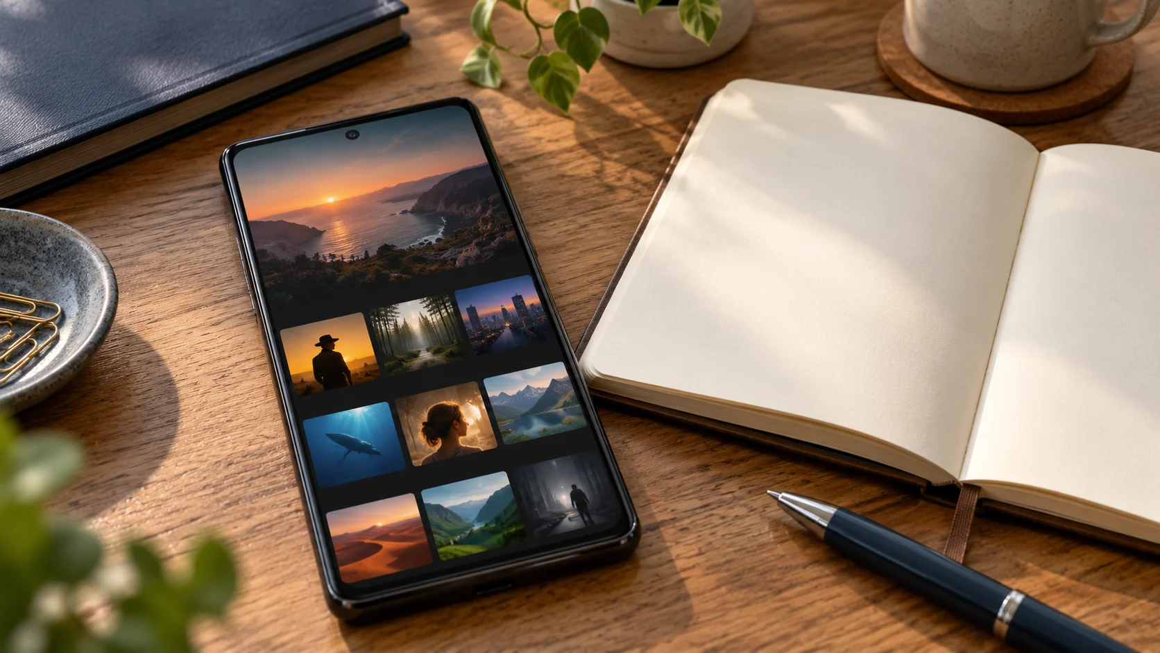 Android phone showing a streaming app beside a notebook in a small business office