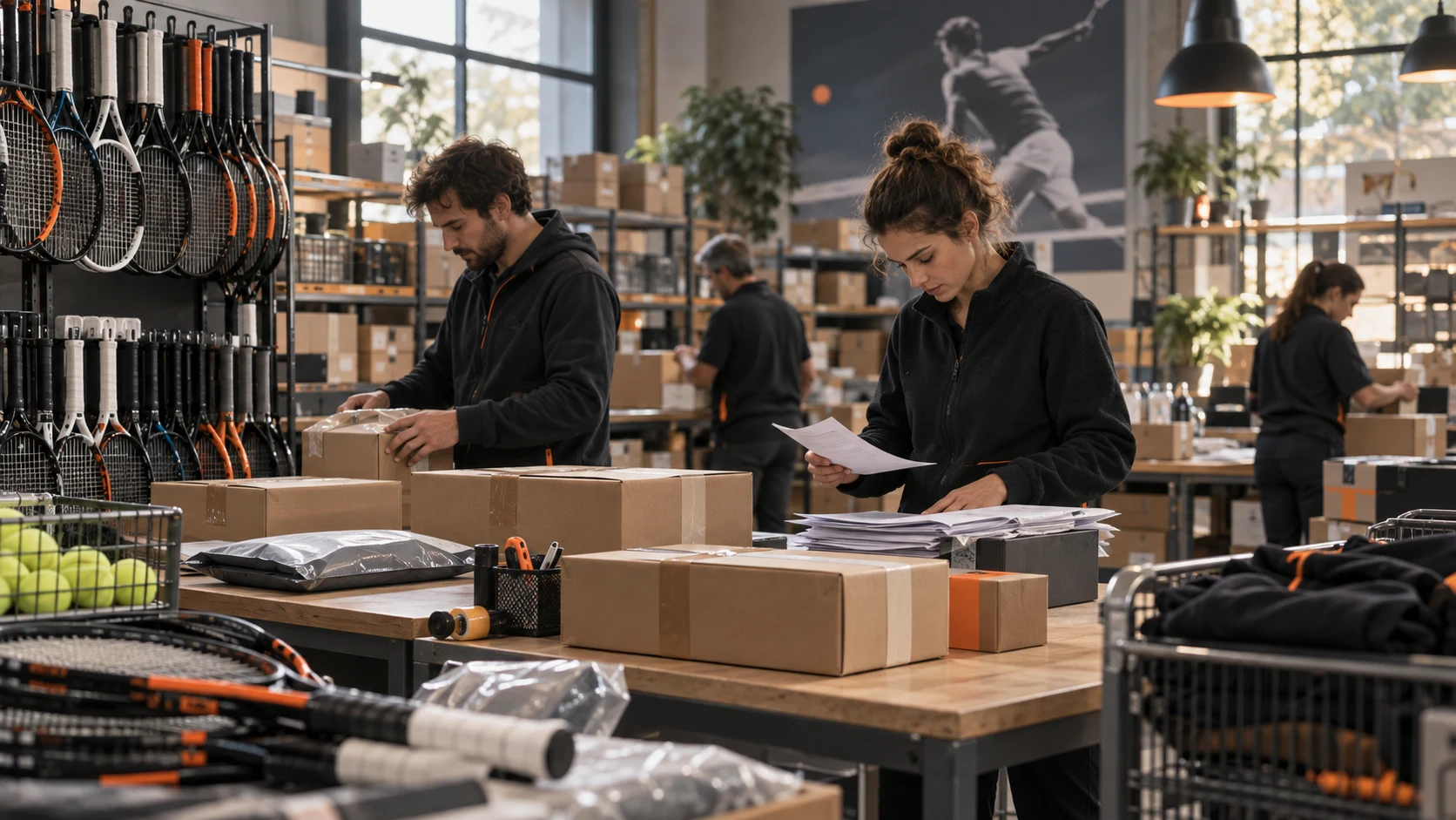 Employees preparing tennis shop orders in a warehouse