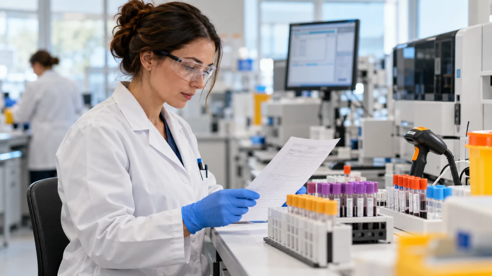 A laboratory technician checks sample tubes and a test requisition