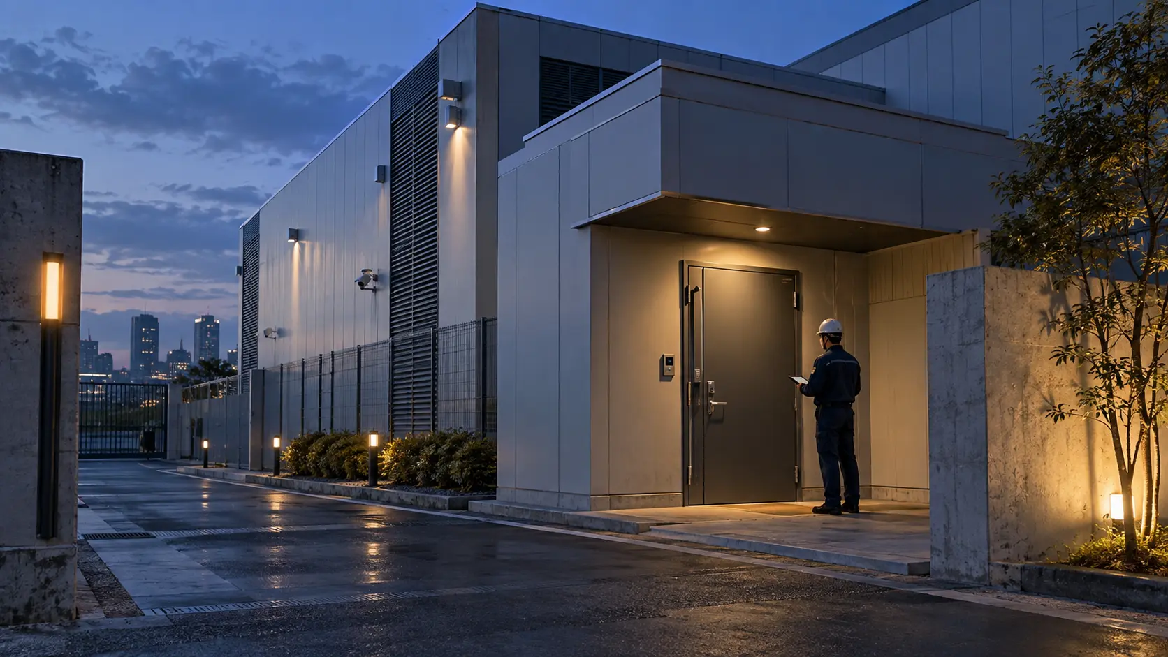 Entrée d’un bâtiment d’exploitation informatique inspectée au crépuscule
