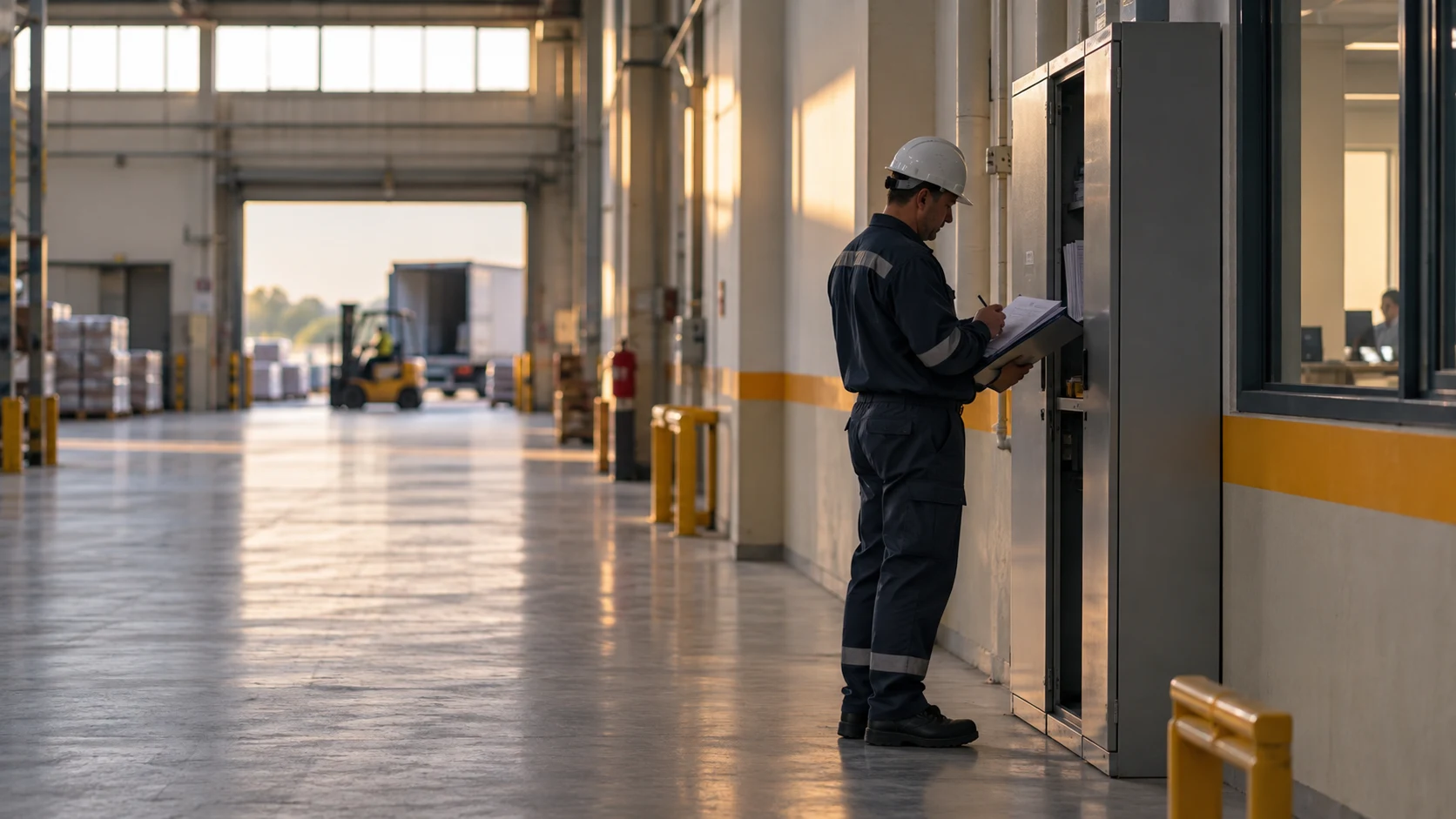 Technician checking a maintenance folder in an industrial warehouse