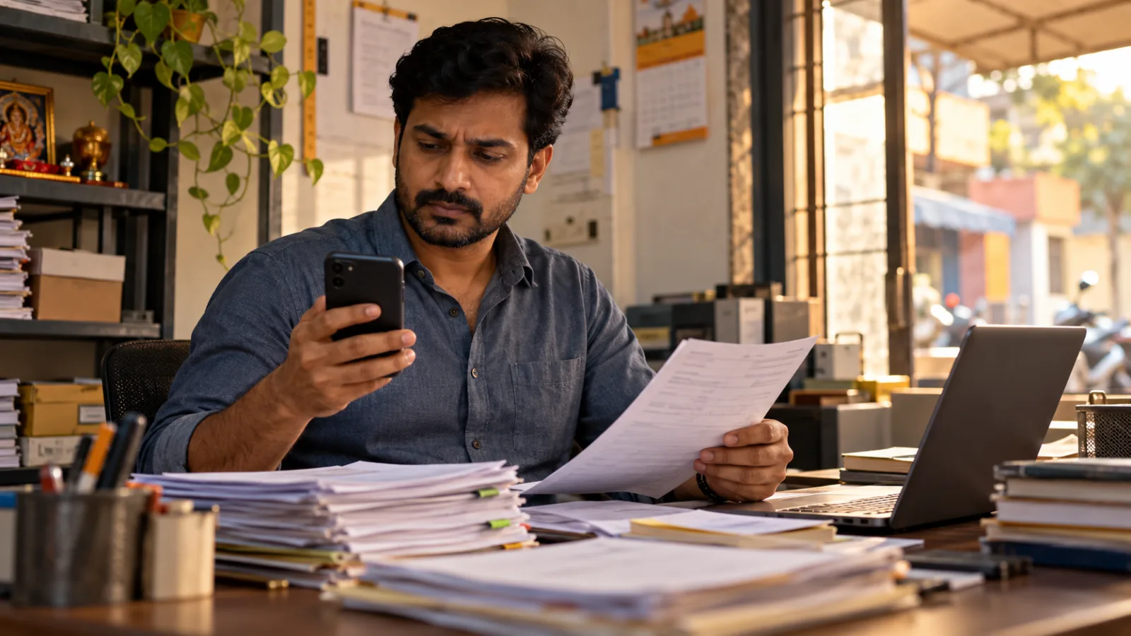 A small business owner reviews customer documents in an office