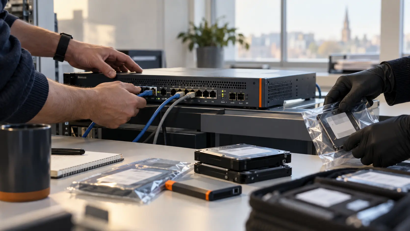An administrator checks a collaboration server in an equipment room
