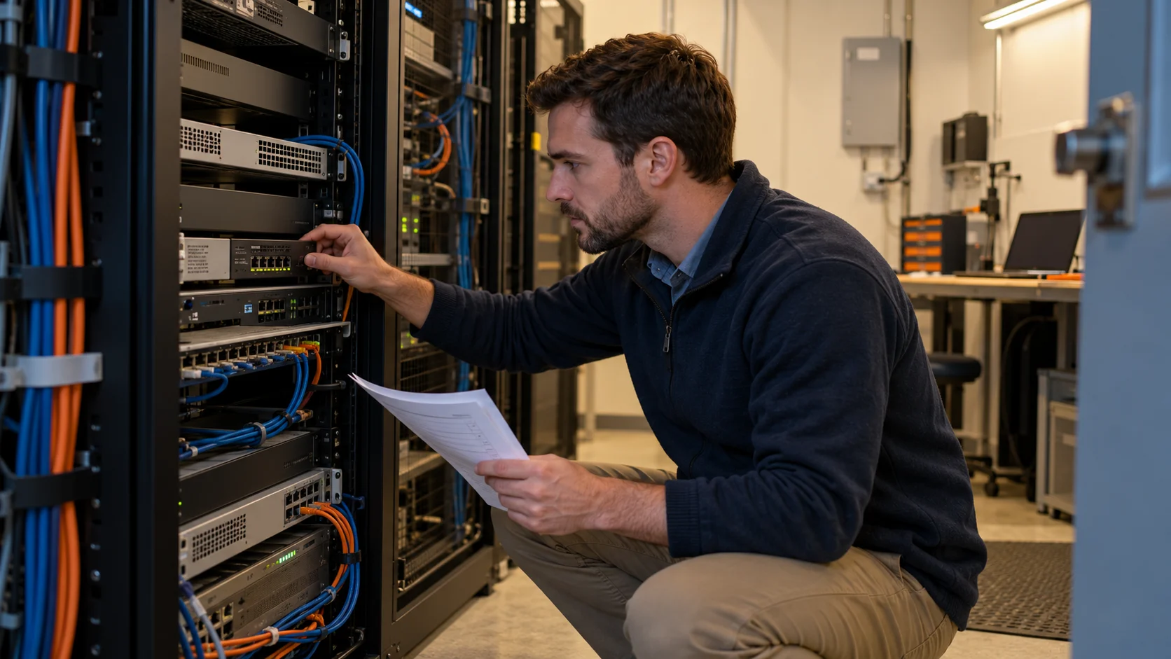 Technician inspecting a remote access appliance in a small network room