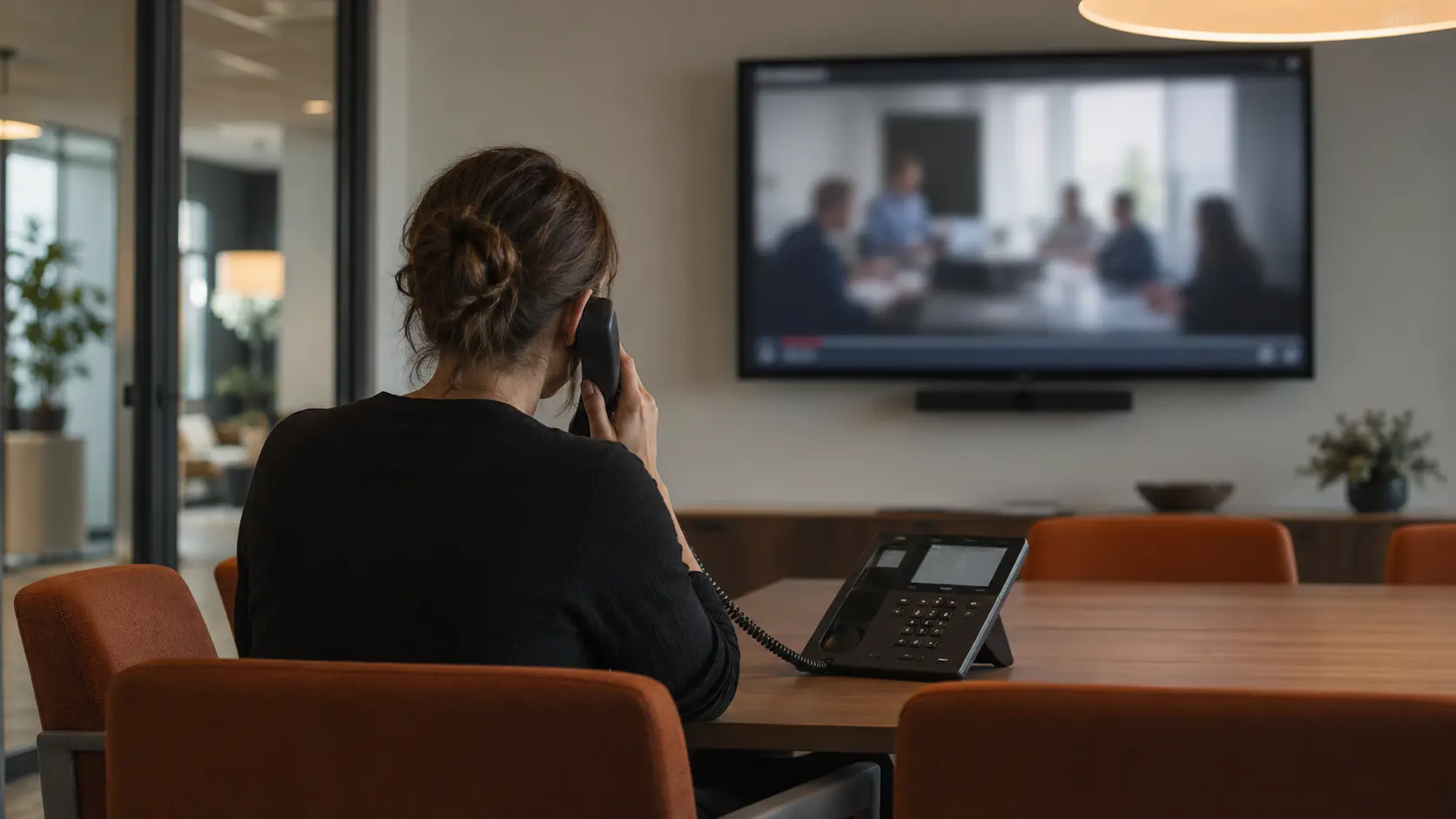 An employee verifies a request by phone while a recorded meeting remains on the screen
