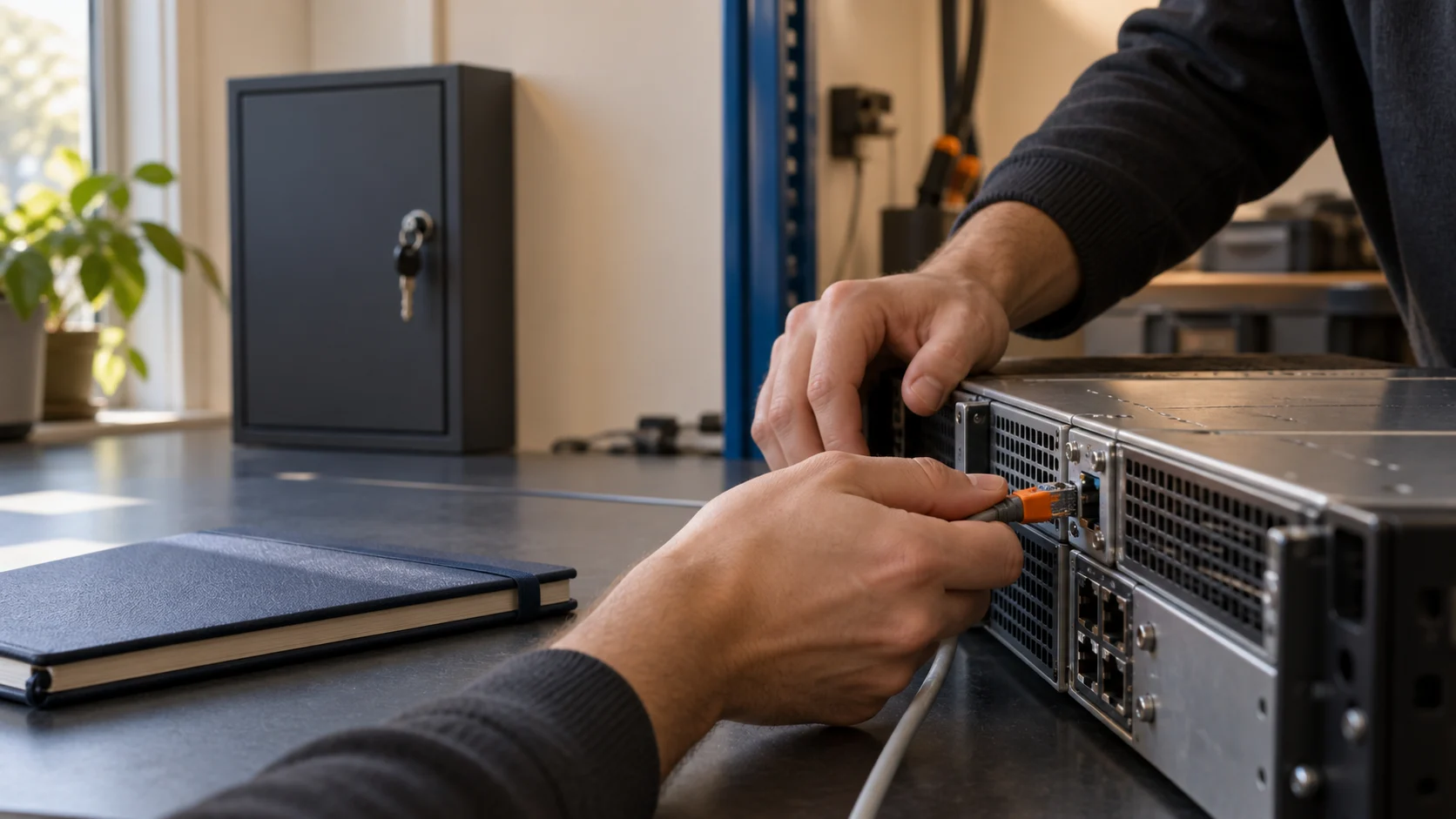 Technician disconnecting the network cable from a test server in an engineering lab