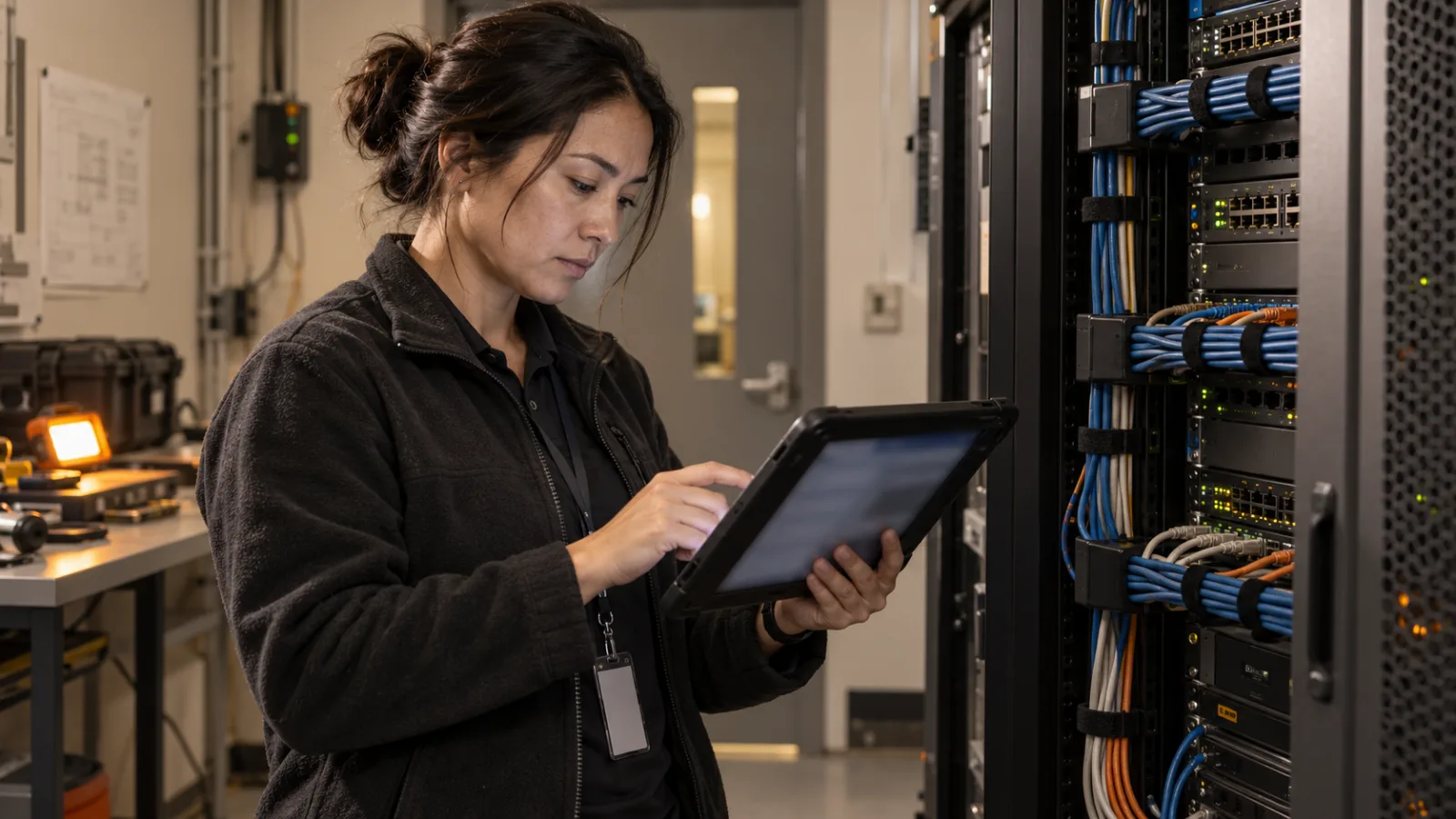 An administrator reviews network access rules on a tablet in a technical room