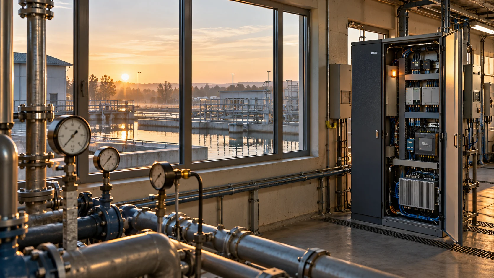 An open telemetry cabinet inside an industrial facility