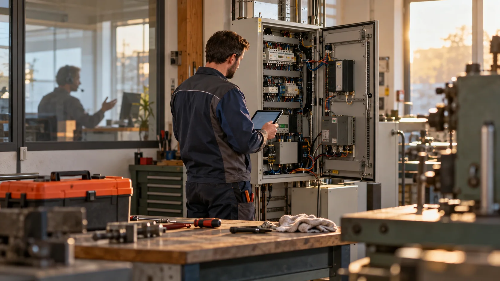 A technician works on an electrical cabinet with help from a remote colleague