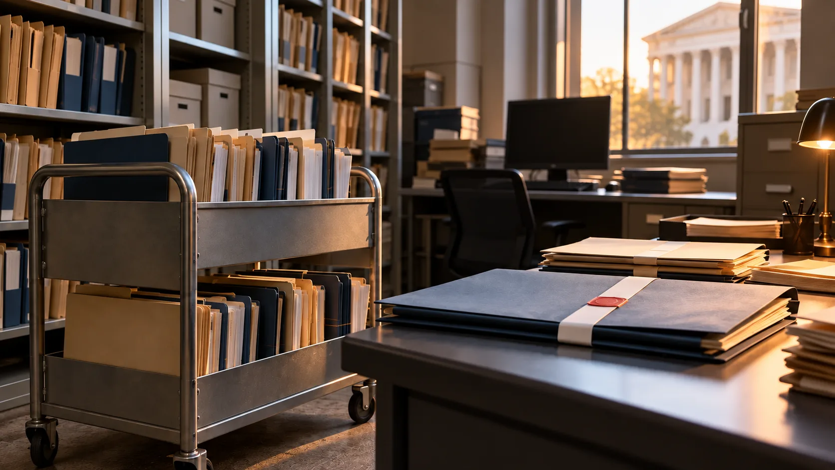 Dossiers judiciaires fermés dans une salle d’archives de tribunal