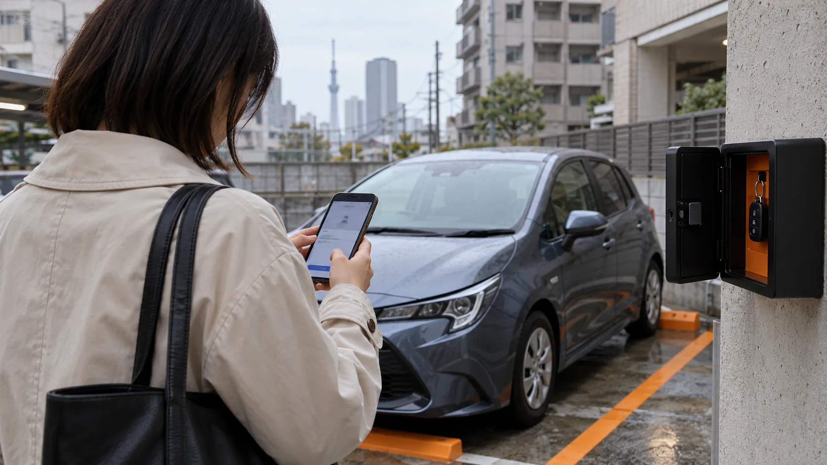 A person compares a car-share document with information on a phone