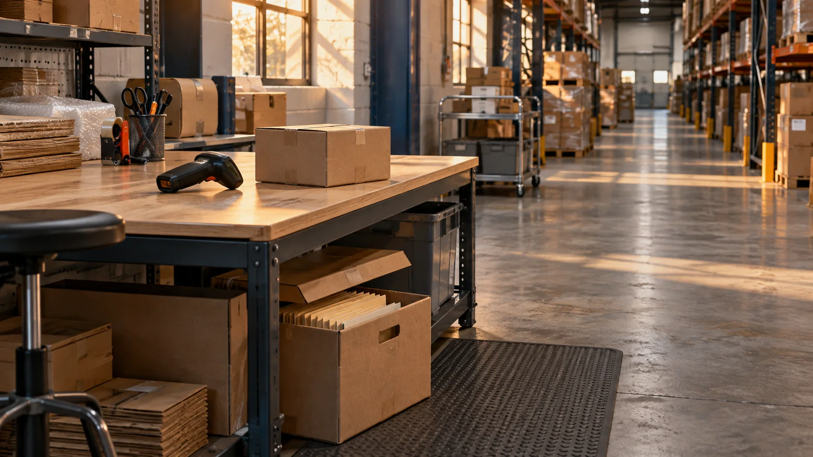Station logistique avec colis et archives de commandes conservées