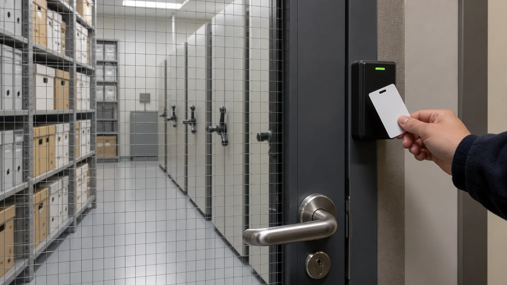 Un agent examine un dossier dans une salle d’archives sécurisée