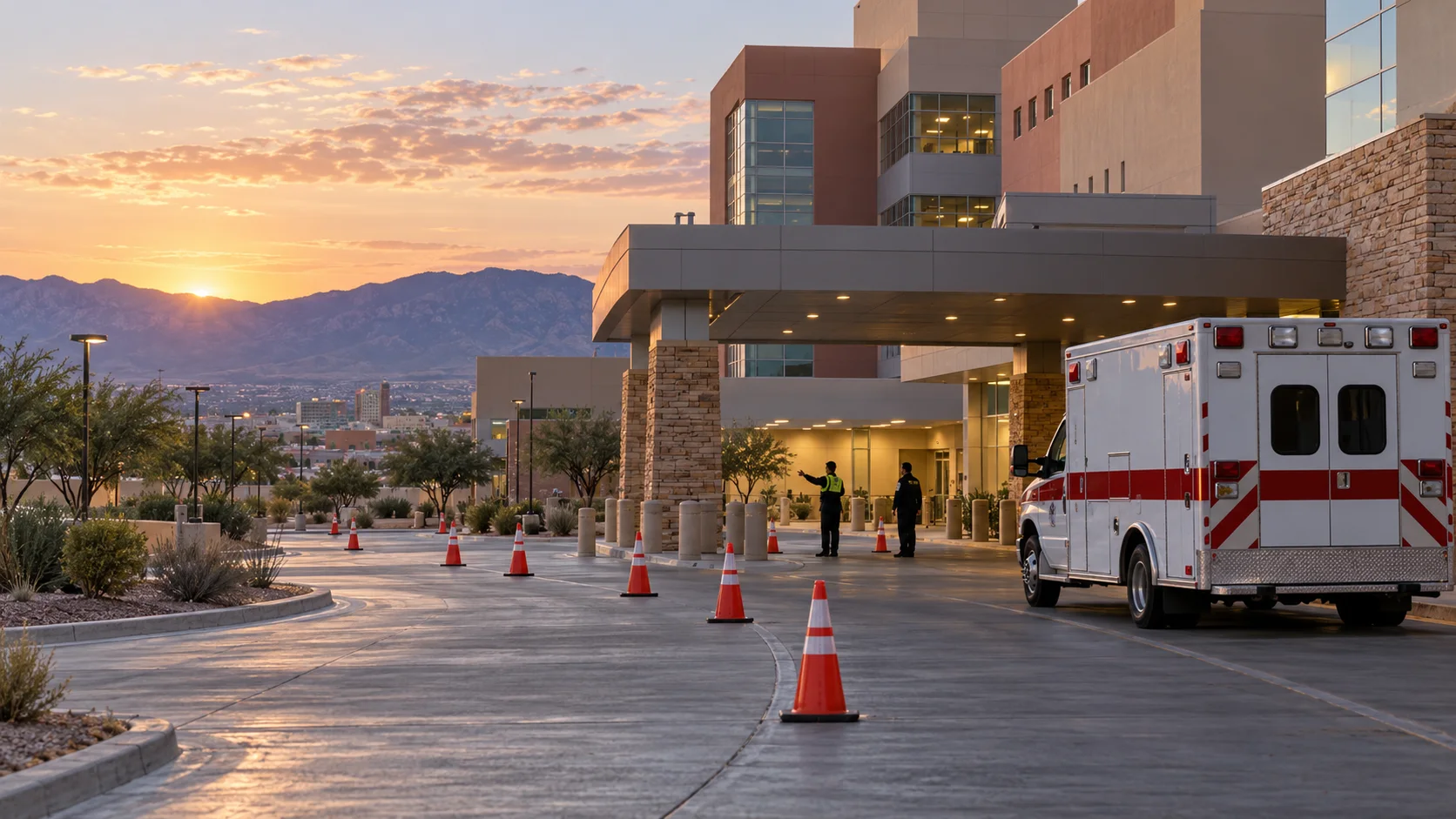 Ambulance outside a hospital building in New Mexico