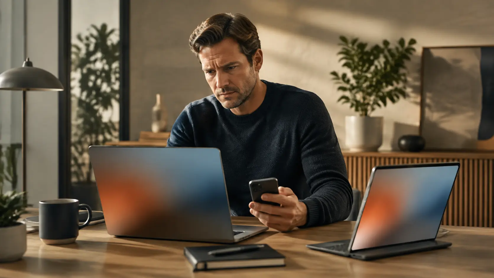 Small-business owner checking a compromised browser and phone