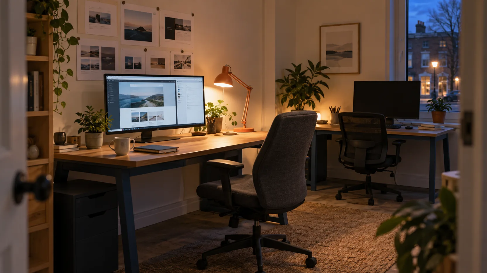 Un petit studio web vide en soirée, avec un site ouvert sur un poste de travail