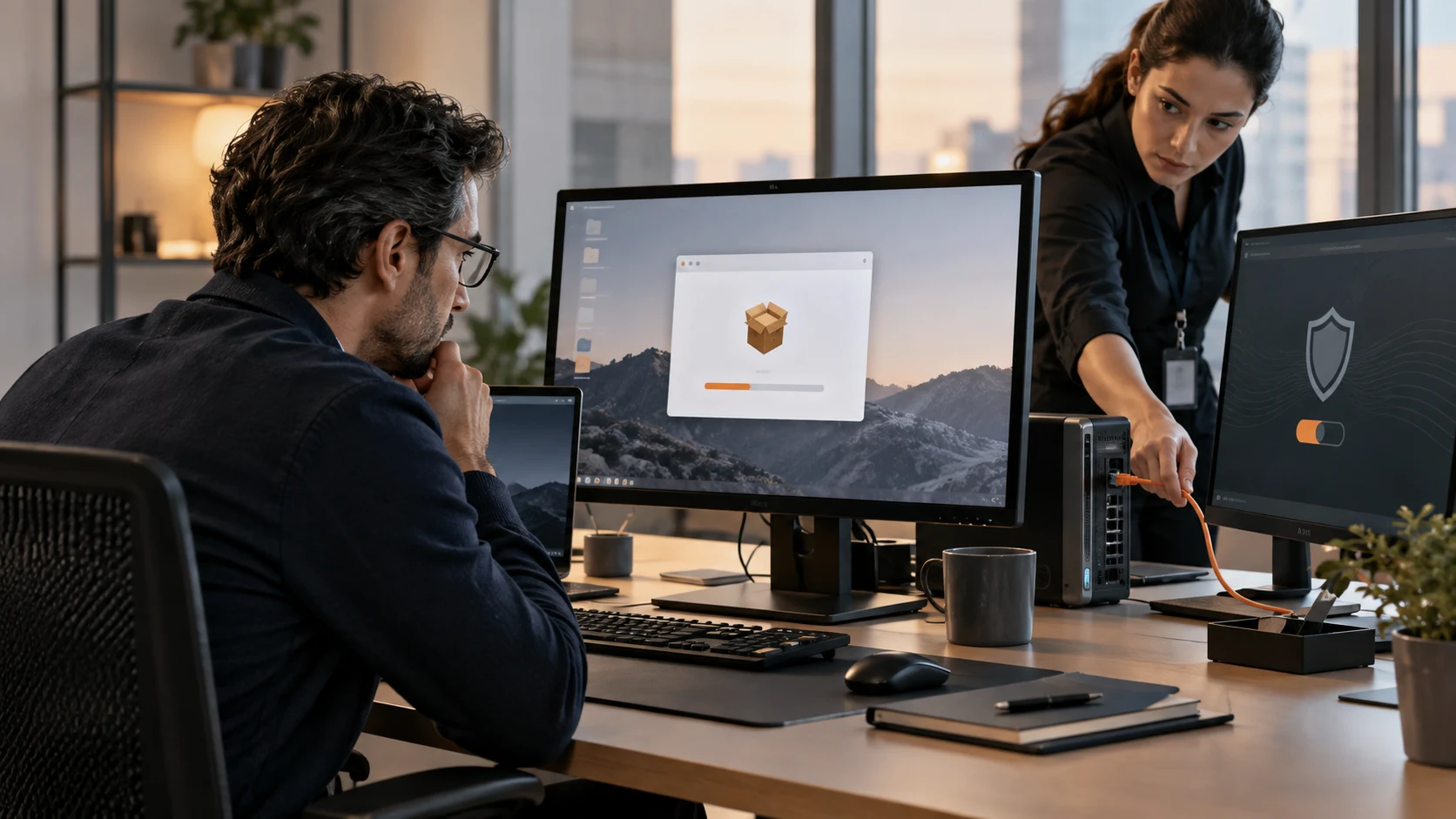 Équipe informatique contrôlant l'installation d'un logiciel sur un poste