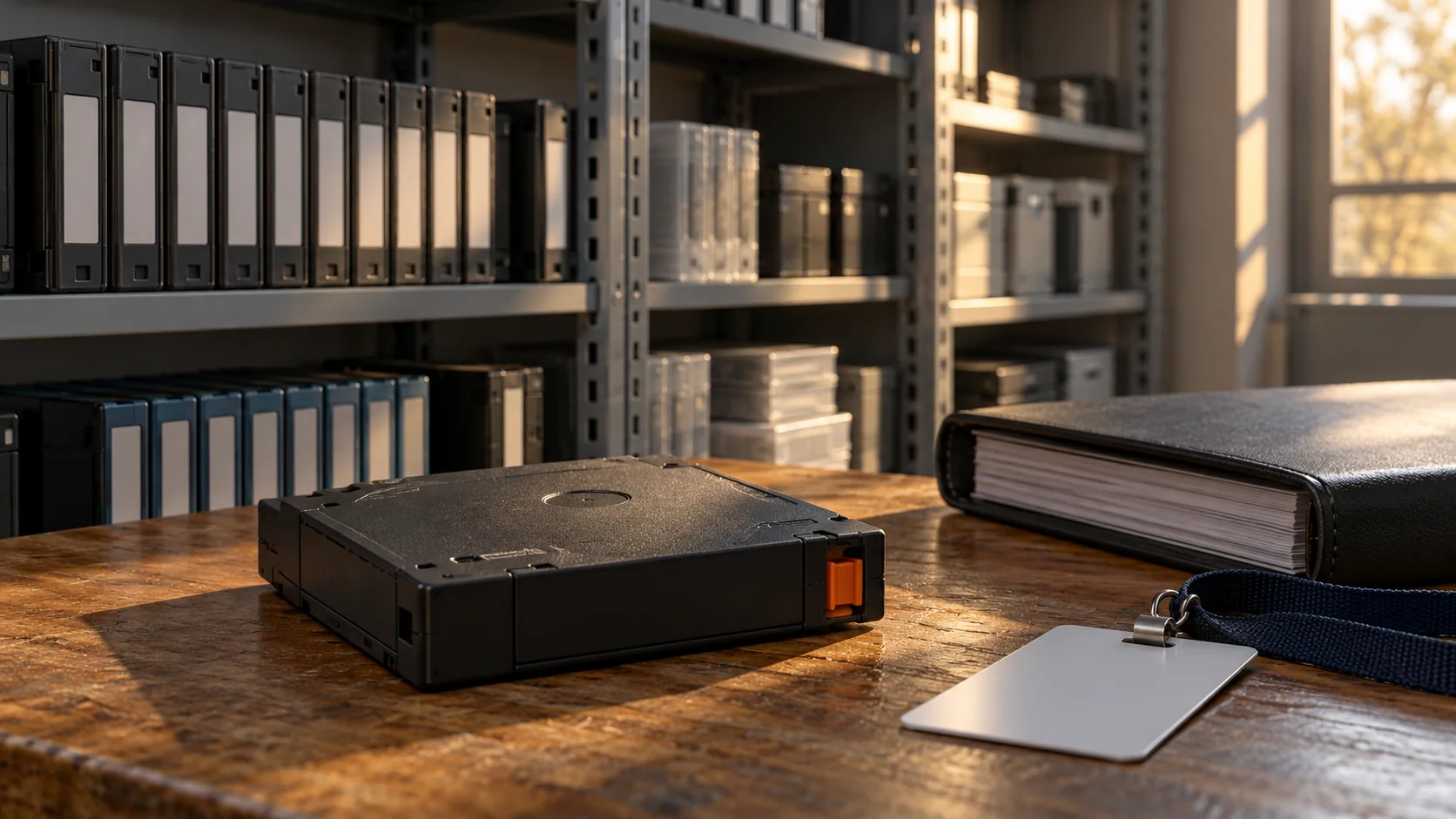 Archival backup media and a labelled-free storage case on a quiet workbench