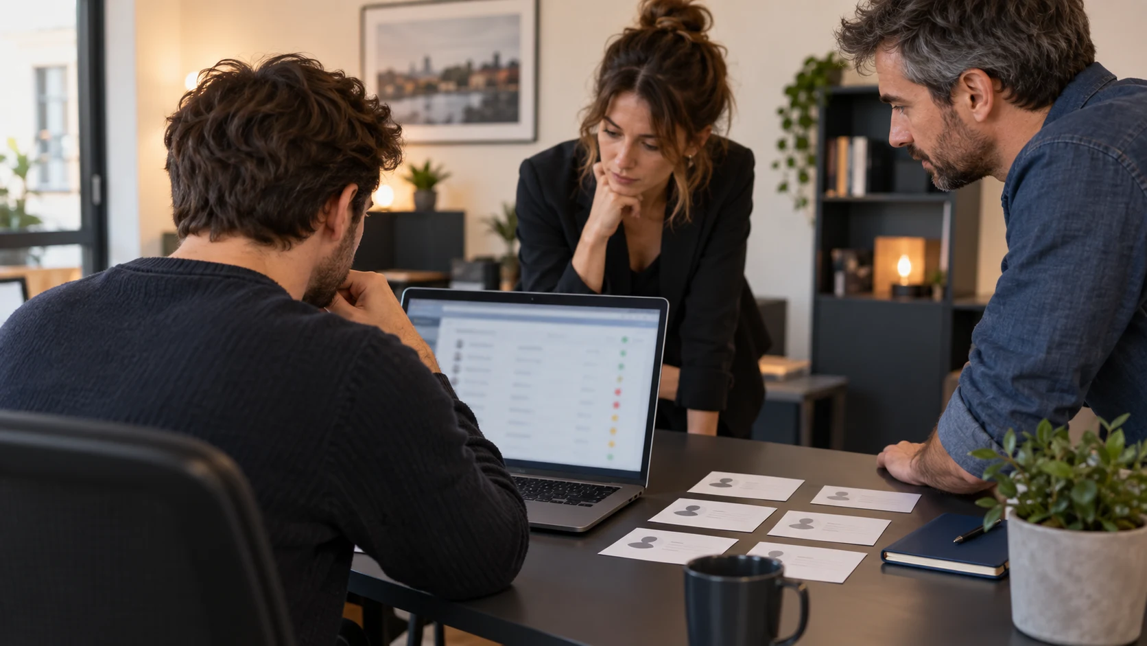 Web team reviewing a contact database in an office