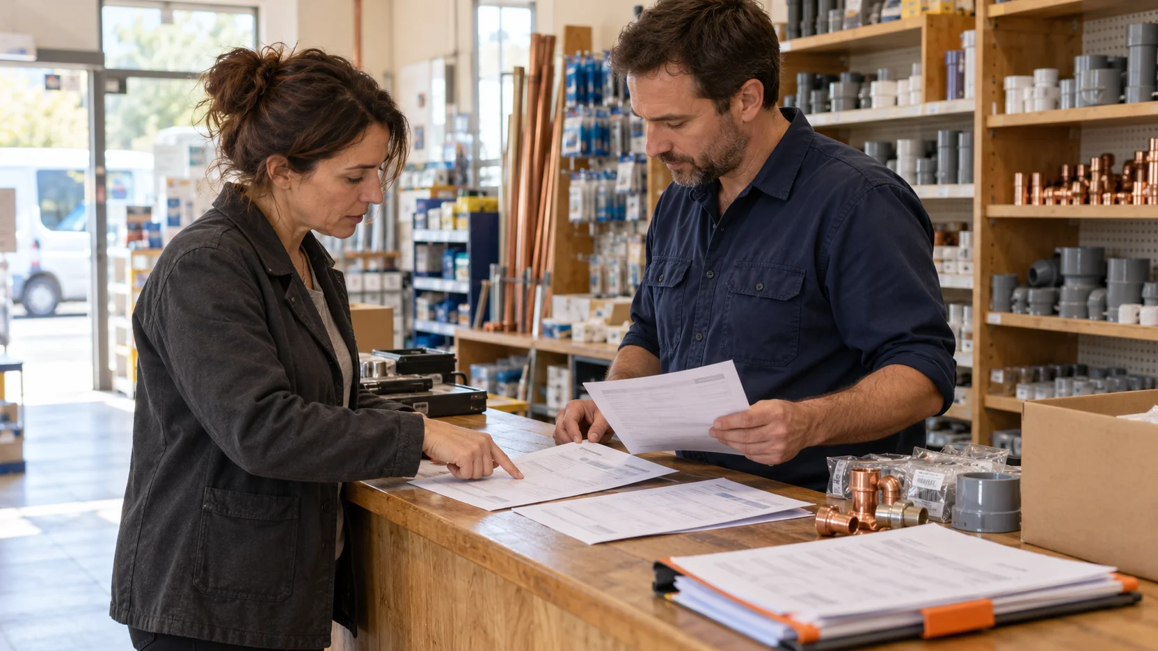 Une commerçante et son fournisseur comparent des documents de facturation au comptoir d’un magasin professionnel